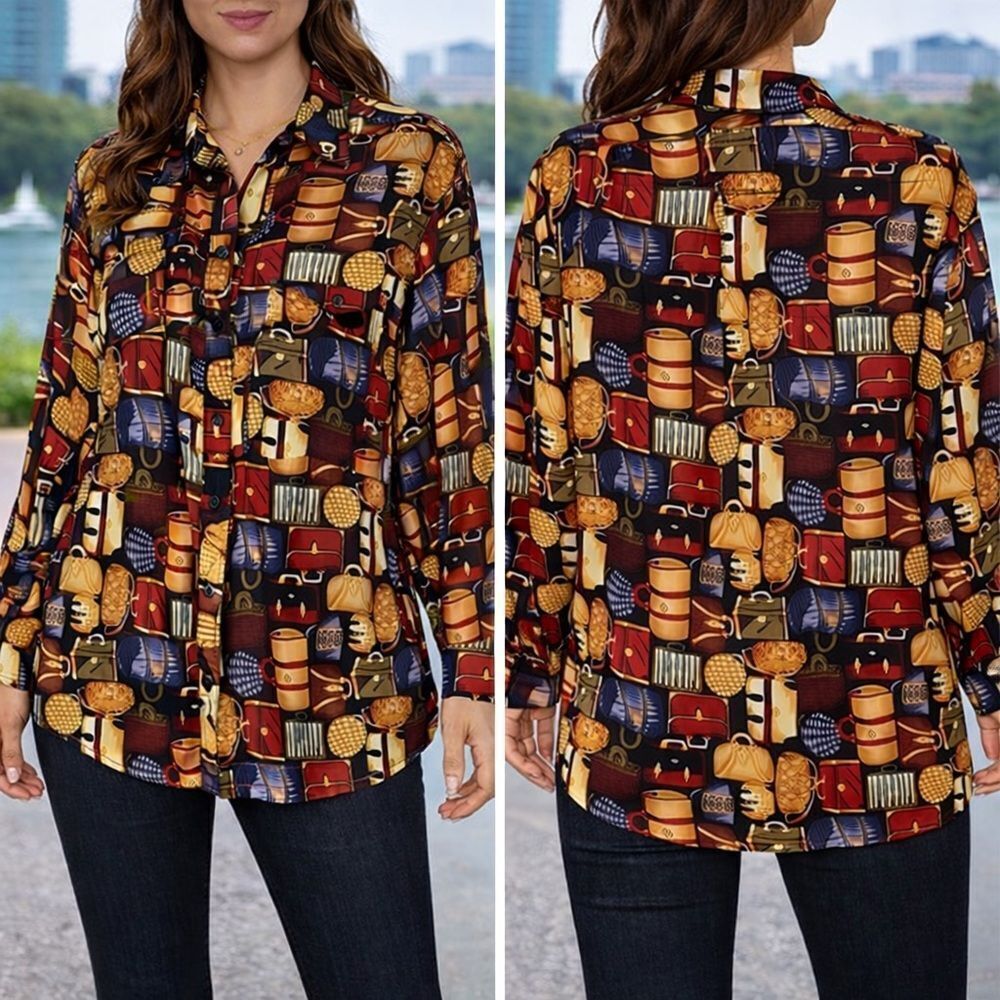 100% Silk J. McLaughlin Vintage Printed Button Down Shirt